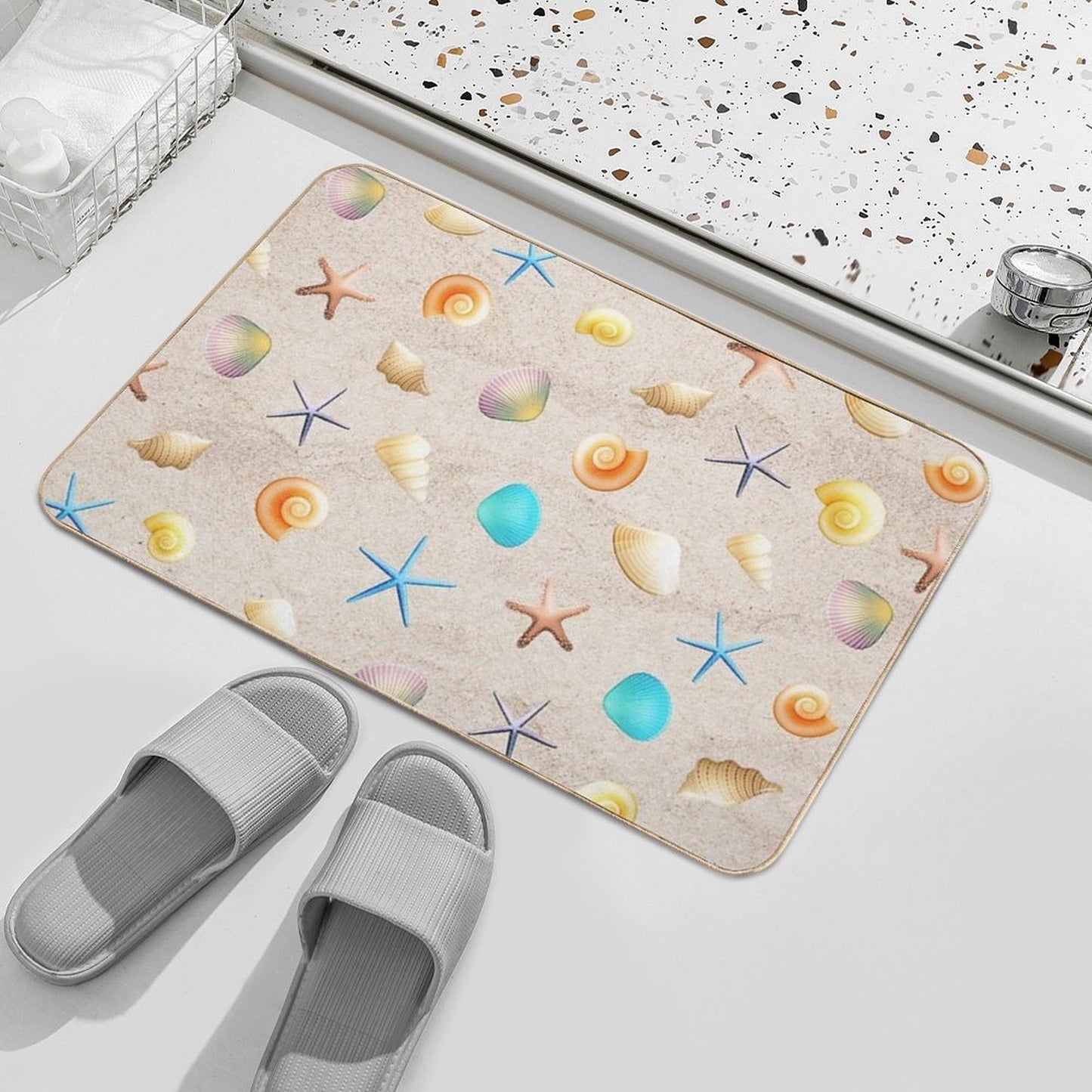 Collection of Shells on Sand And Starfish Bath Mat