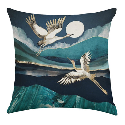 Midnight Cranes Linen Throw Pillow Cover