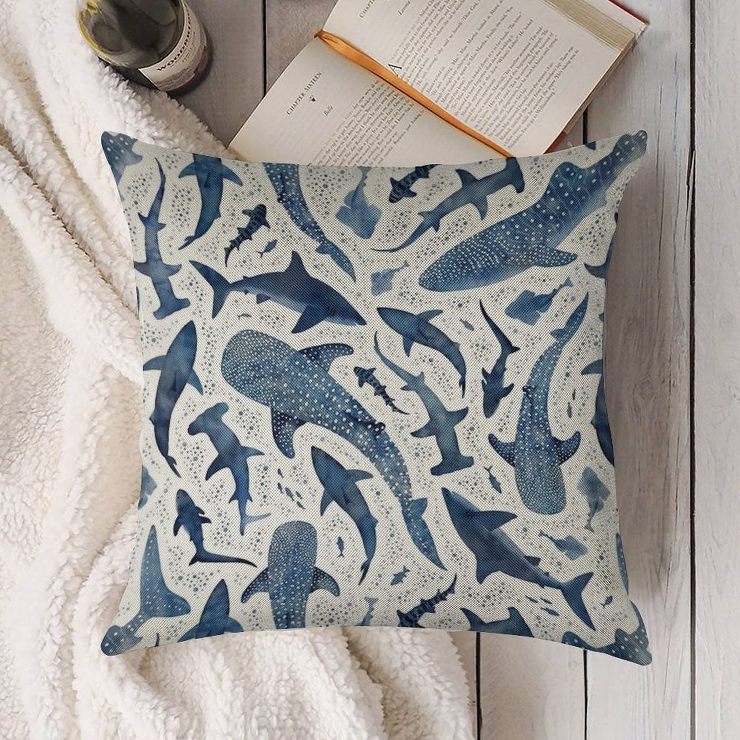 Monochrome Blue Watercolour Shark Ocean on White Linen Throw Pillow Cover