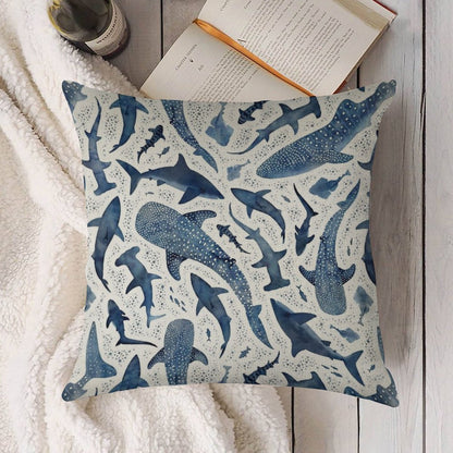 Monochrome Blue Watercolour Shark Ocean on White Linen Throw Pillow Cover