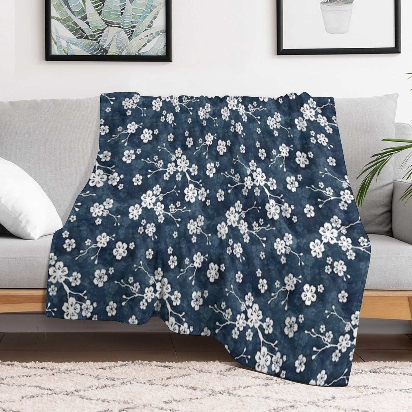 Navy And White Cherry Blossom Pattern Throw Blanket