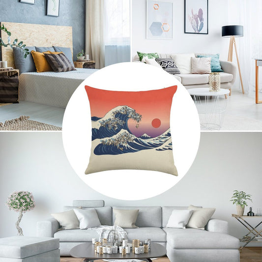 The Great Wave of Pug Linen Throw Pillow Cover