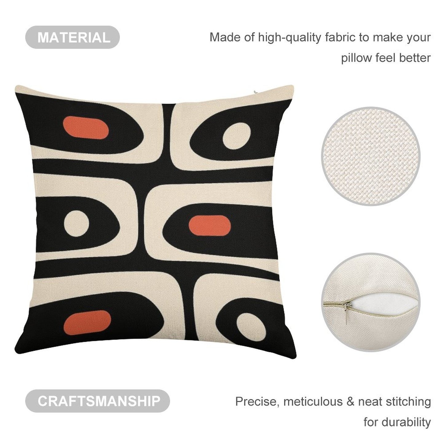 Mid Century Modern Piquet Abstract Pattern Black, Orange, And Almond Cream Linen Throw Pillow Cover