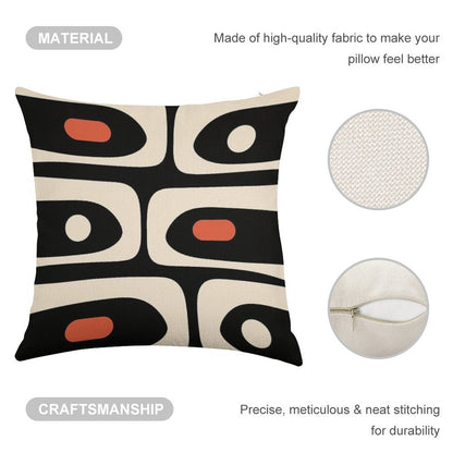 Mid Century Modern Piquet Abstract Pattern Black, Orange, And Almond Cream Linen Throw Pillow Cover
