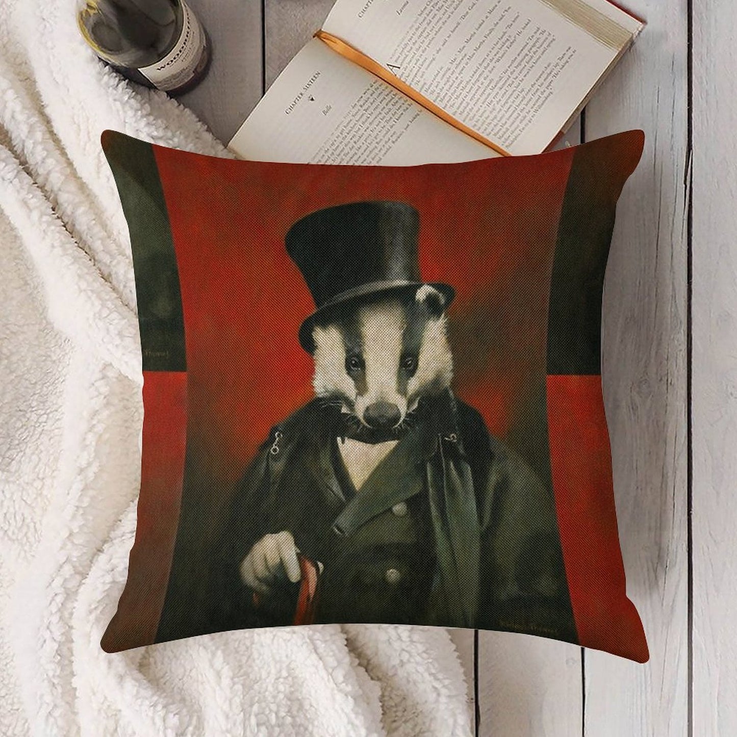 Victorian Mr Badger Linen Throw Pillow Cover