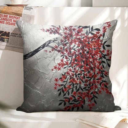 Red Black And Silver Cherry Blossom Tree Art Linen Throw Pillow Cover