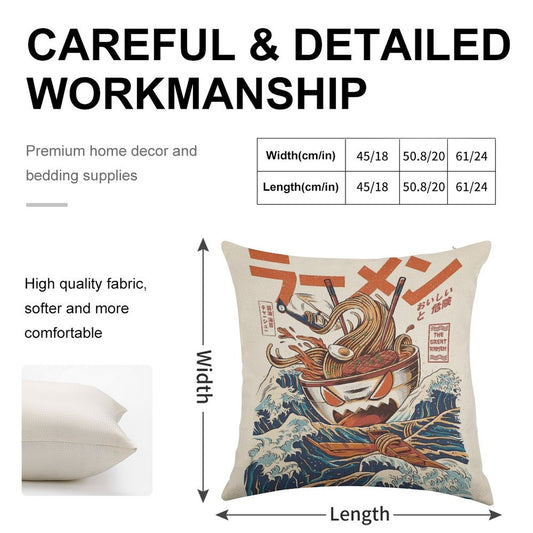 The Great Ramen Off Kanagawa Linen Throw Pillow Cover