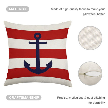 Nautical Navy Blue Anchor On Red Stripes Linen Throw Pillow Cover