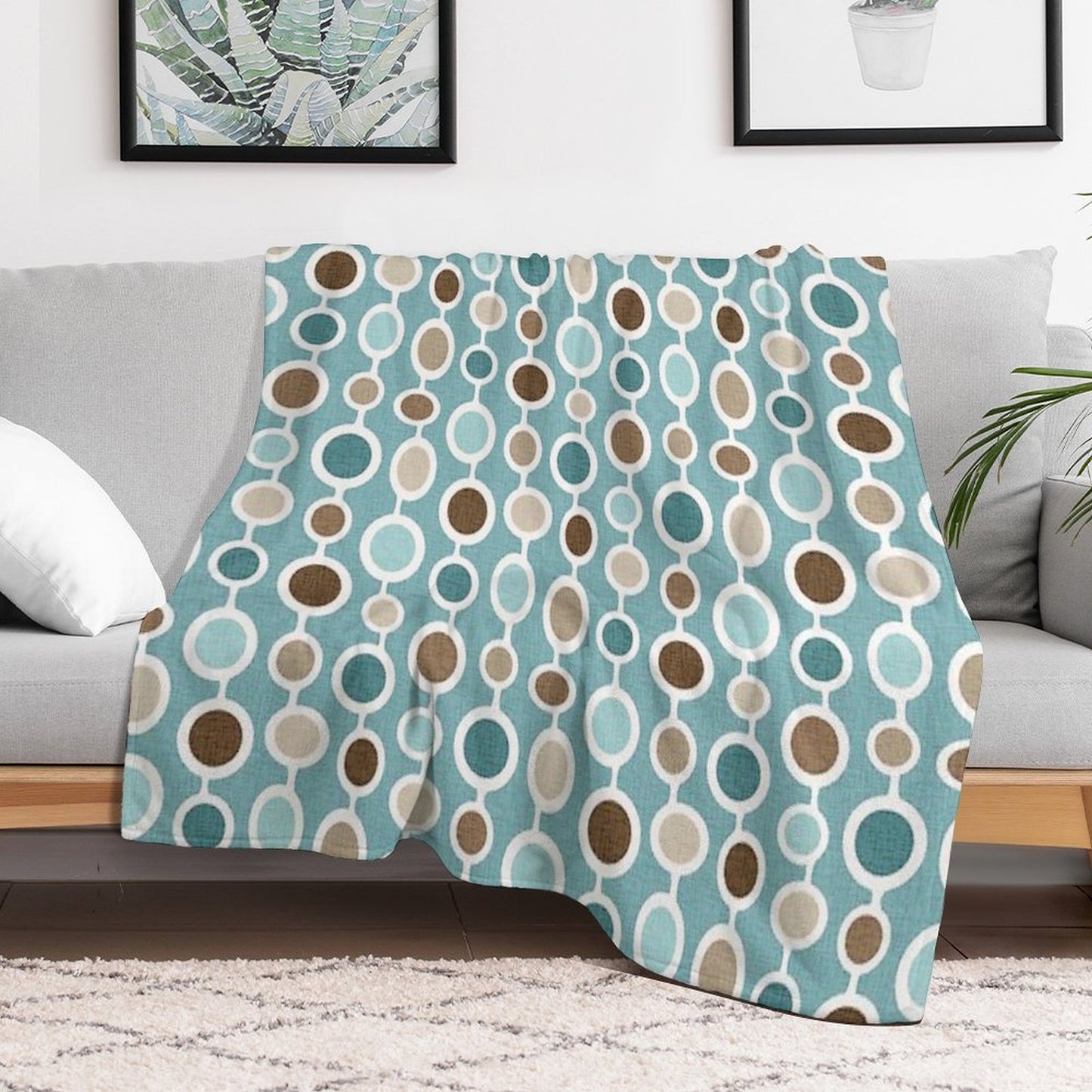 Mid Century Modern Geometric Circle Atomic Art Print 2 - Blue Brown Throw Blanket