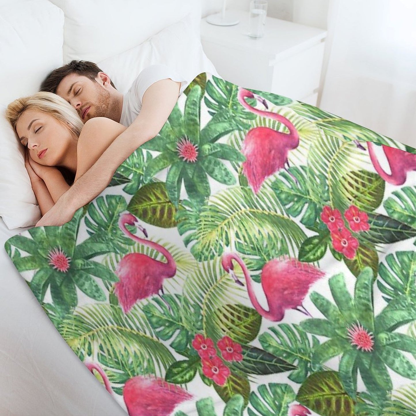 Tropical Exotic Seamless Pattern with Pink Flamingos on White Background Throw Blanket