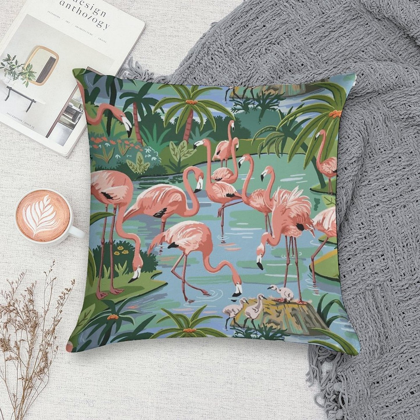 Flamingo Lagoon Vintage Style Paint by Number Soft Anti-Pilling Throw Pillow