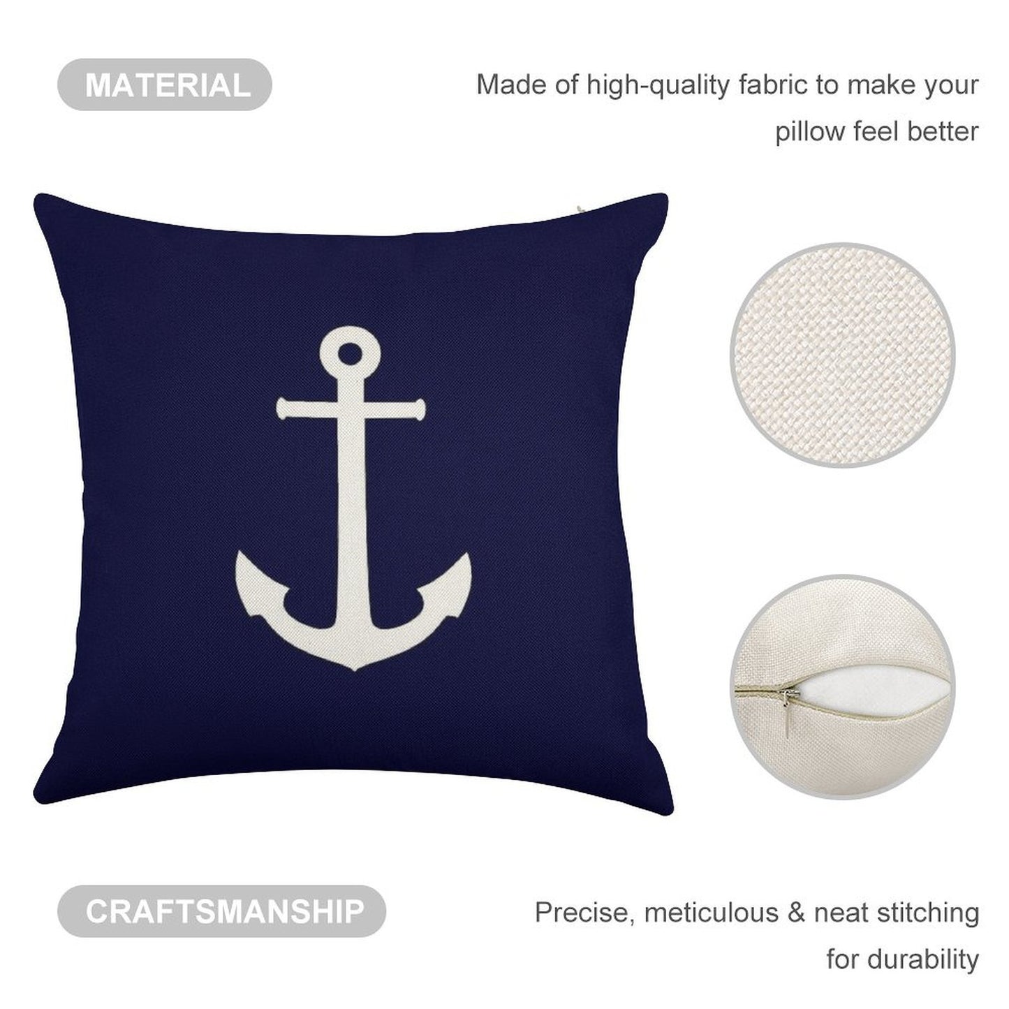 White Anchor On Navy Blue Linen Throw Pillow Cover