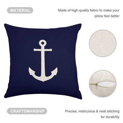 White Anchor On Navy Blue Linen Throw Pillow Cover