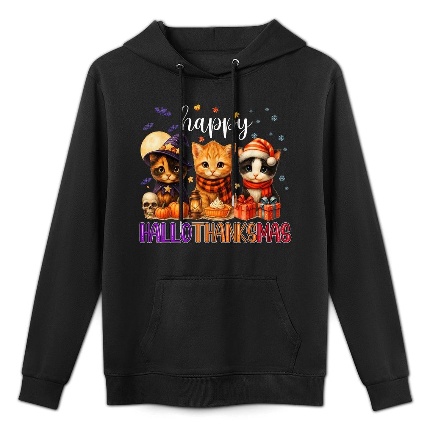 Happy HalloThanksMas Funny Halloween Thanksgiving Christmas Colorfast Hoodie