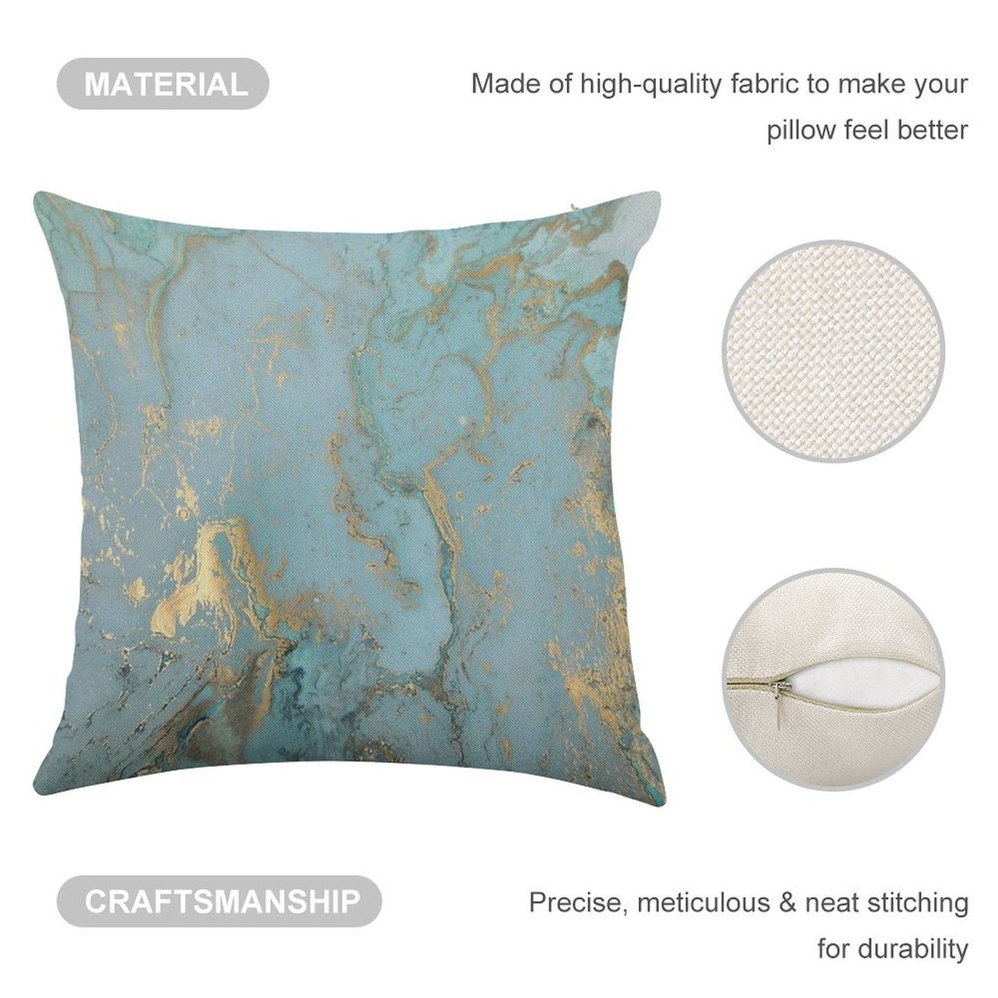 Marble Design - Gold Effect - Turquoise Blue, Teal Marbling Linen Throw Pillow Cover