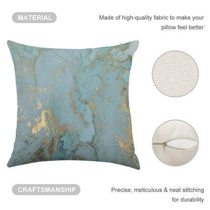 Marble Design - Gold Effect - Turquoise Blue, Teal Marbling Linen Throw Pillow Cover