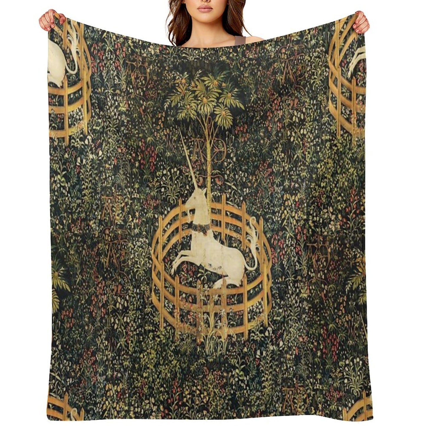UNICORN IN CAPTIVITY AND GOTHIC FANTASY FLOWERS, GREEN FLORAL MOTIFS Throw Blanket