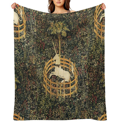 UNICORN IN CAPTIVITY AND GOTHIC FANTASY FLOWERS, GREEN FLORAL MOTIFS Throw Blanket