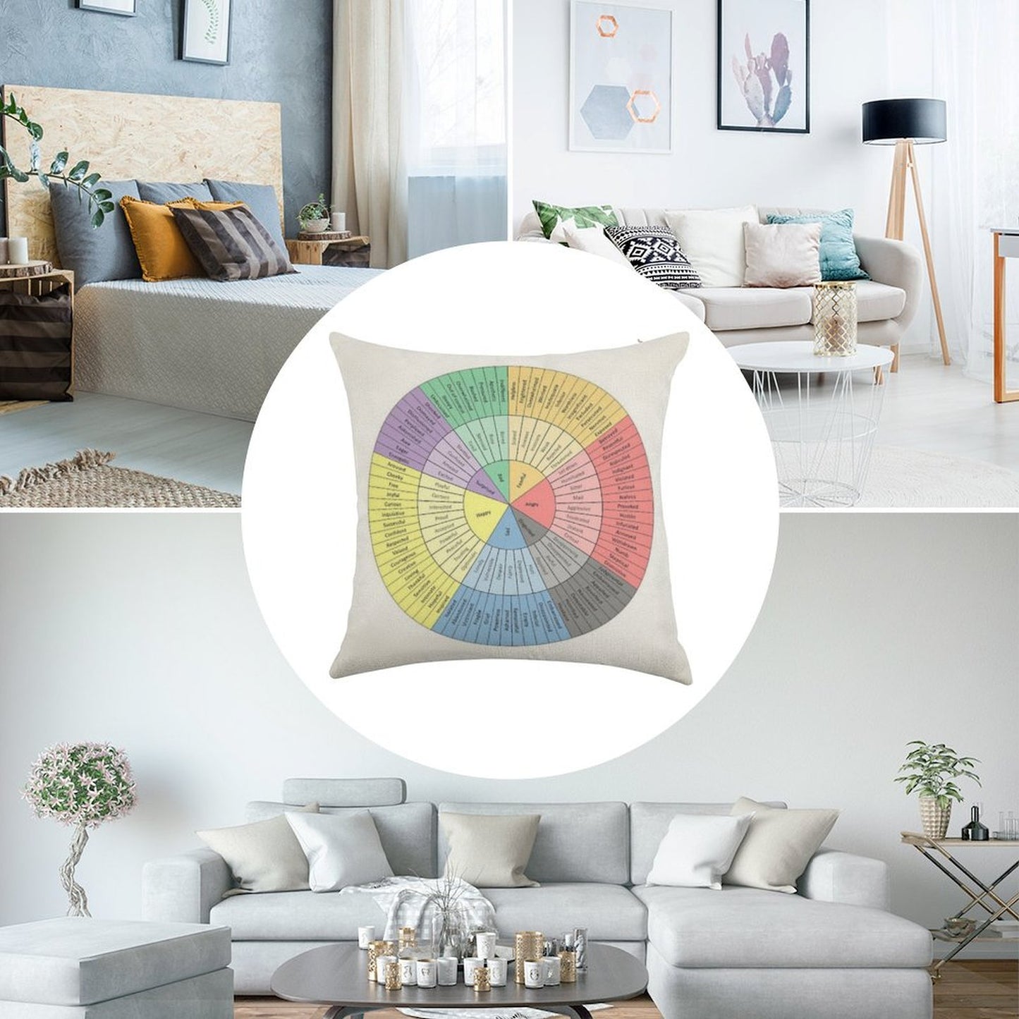 Feelings Wheel Linen Throw Pillow Cover