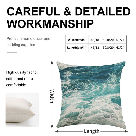 Blue Ocean Waves Linen Throw Pillow Cover