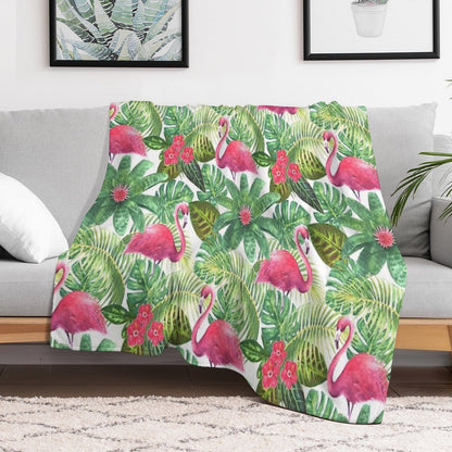 Tropical Exotic Seamless Pattern with Pink Flamingos on White Background Throw Blanket