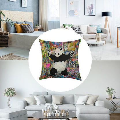 Panda With Guns Stick Em Up - Pop Street Art Banksy Linen Throw Pillow Cover