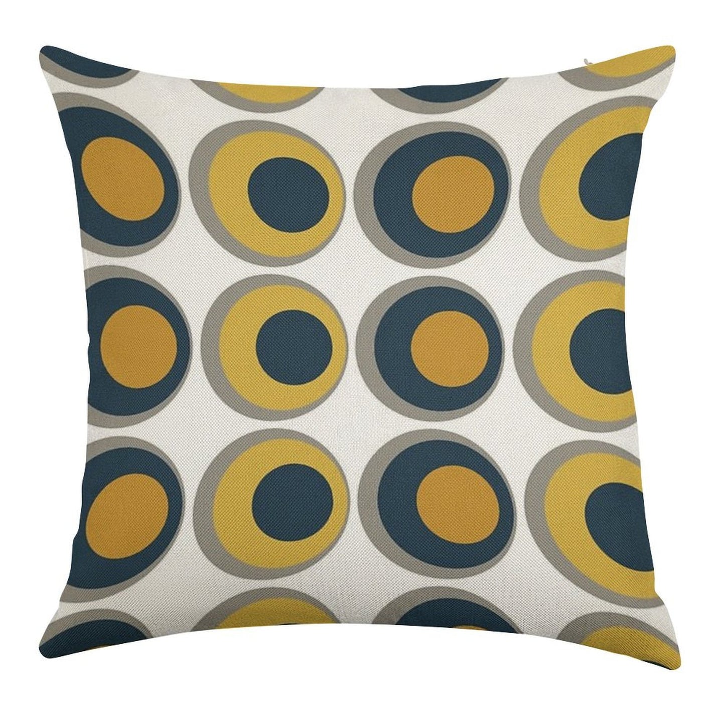 Double Dots Retro Pattern in Light And Dark Mustard Yellow, Navy Blue, Grey, And White Linen Throw Pillow Cover