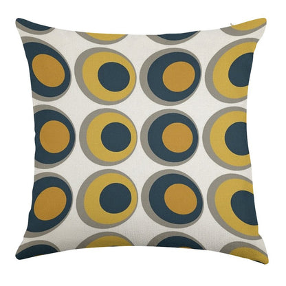 Double Dots Retro Pattern in Light And Dark Mustard Yellow, Navy Blue, Grey, And White Linen Throw Pillow Cover