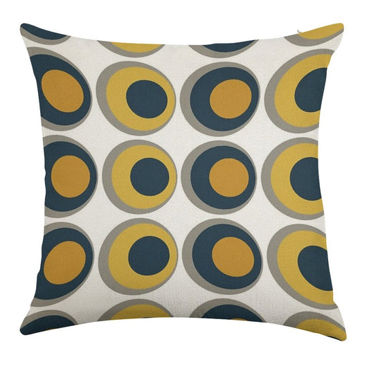 Double Dots Retro Pattern in Light And Dark Mustard Yellow, Navy Blue, Grey, And White Linen Throw Pillow Cover