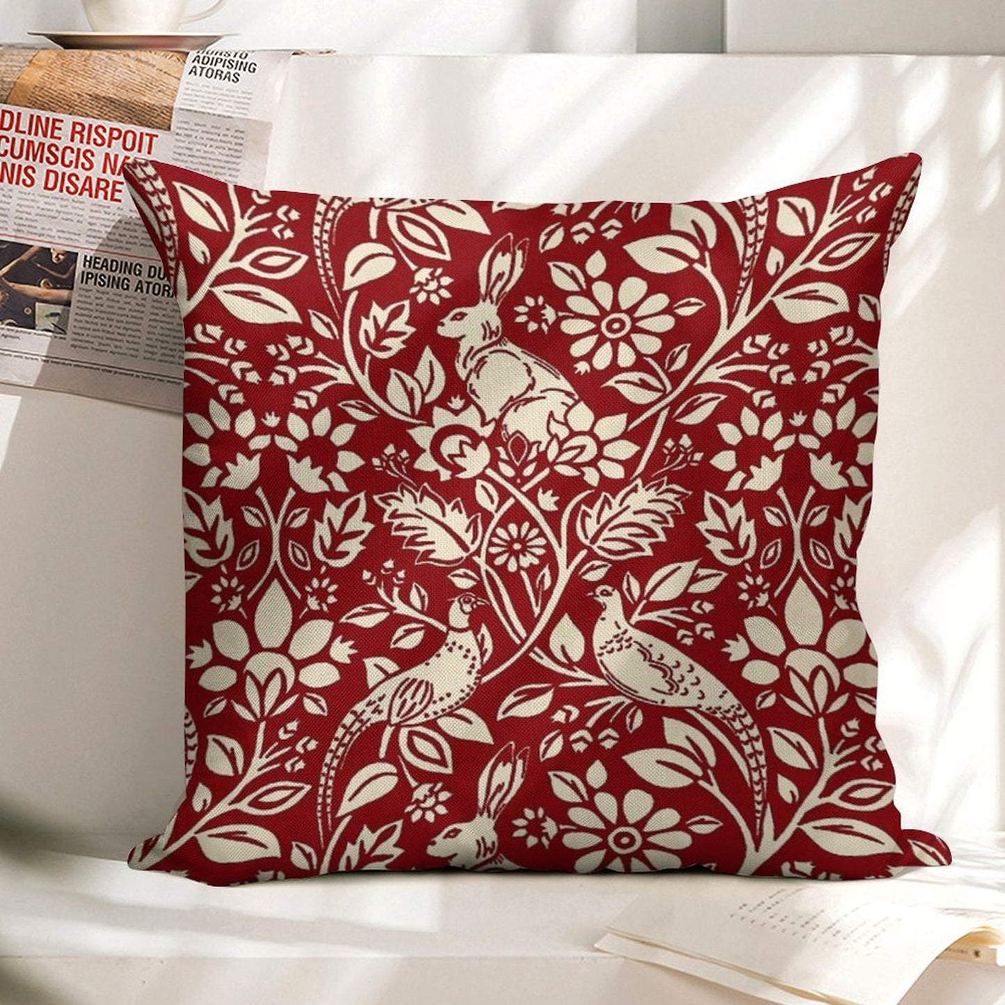Pheasant And Hare Pattern, Deep Red And Cream Linen Throw Pillow Cover