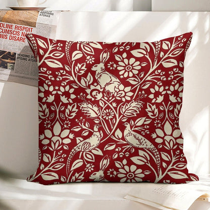 Pheasant And Hare Pattern, Deep Red And Cream Linen Throw Pillow Cover