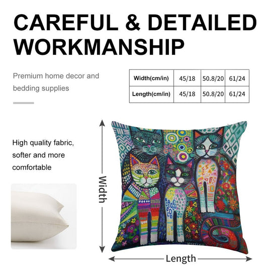 Quirky Cats Linen Throw Pillow Cover