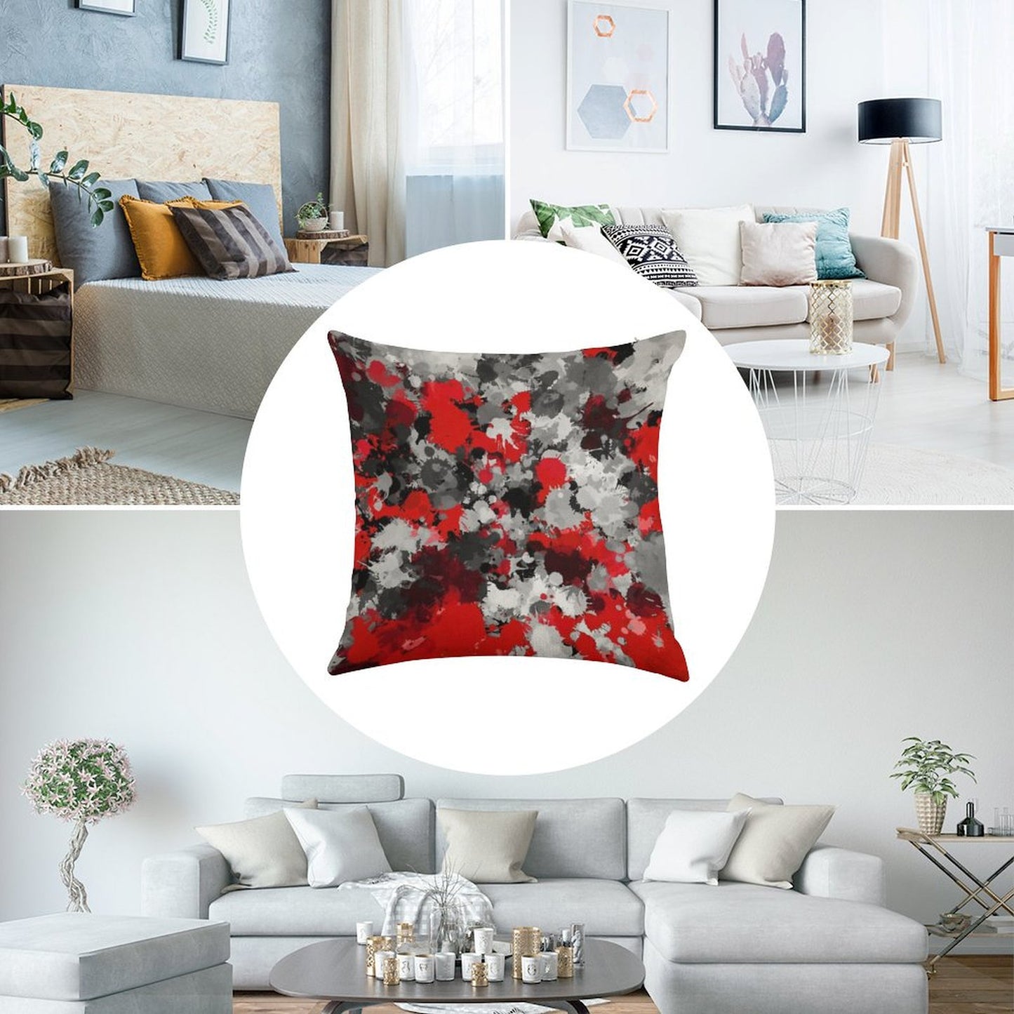 Red And Grey Paint Splatter Linen Throw Pillow Cover