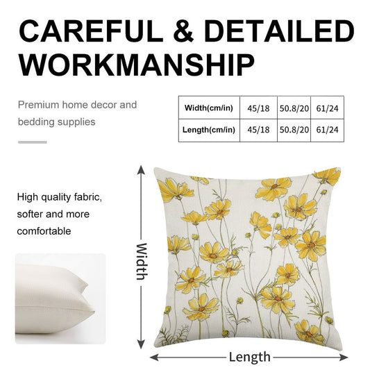 Yellow Cosmos Flowers Linen Throw Pillow Cover