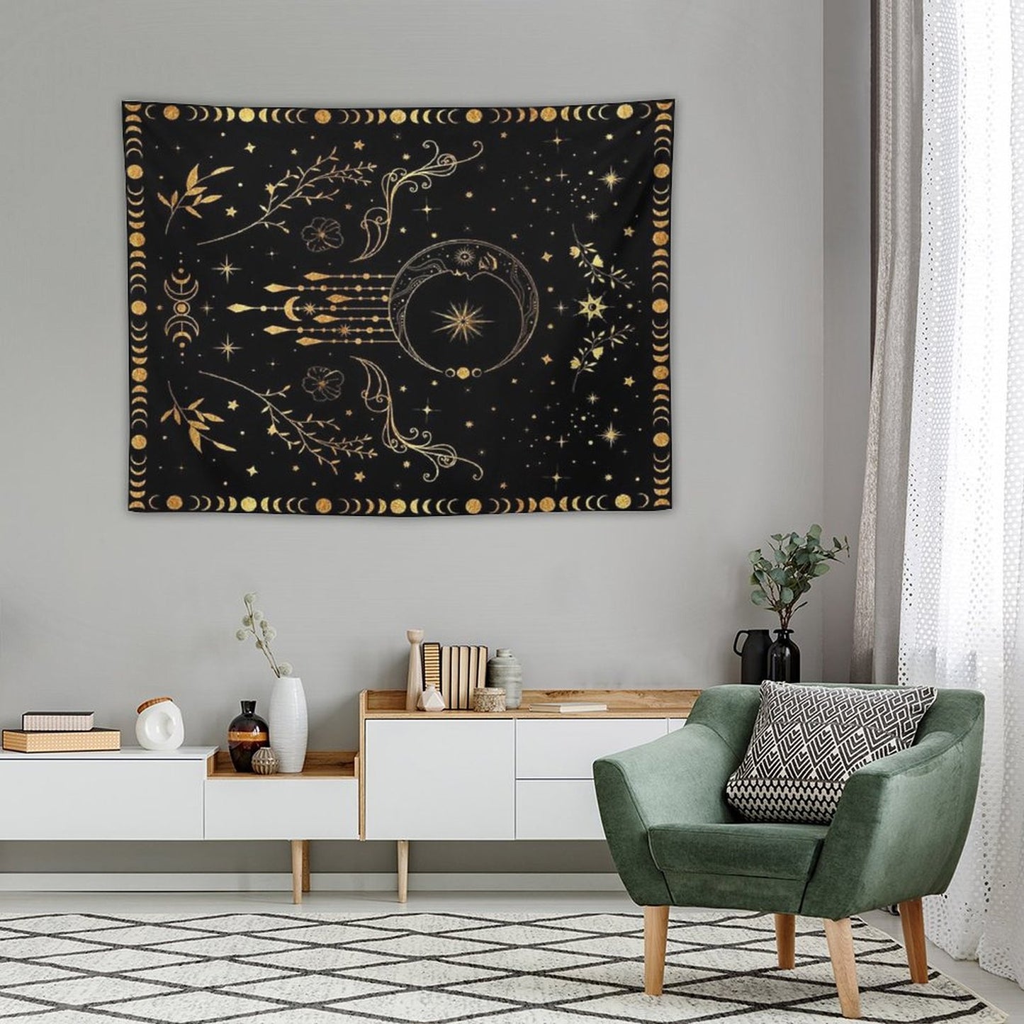 Celestial Crescent Moon with Floral Accents And Moon Phase Tapestry