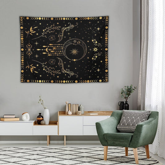 Celestial Crescent Moon with Floral Accents And Moon Phase Tapestry