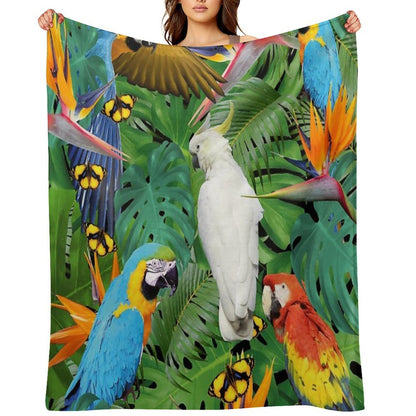 Parrots Bird Jungle Palm Monstera Leaves Throw Blanket