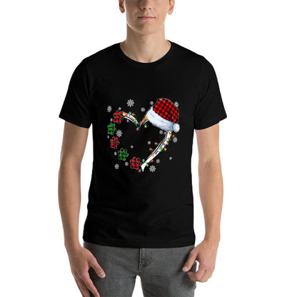Funny Dog Cat Paws Print Heart Santa Hat Christmas Pajamas  Ribbed Collar T-Shirt