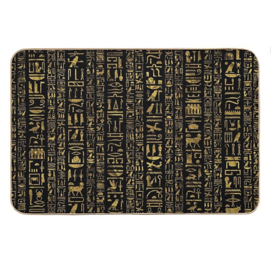 Egyptian Hieroglyphs Vintage Gld on Black Bath Mat