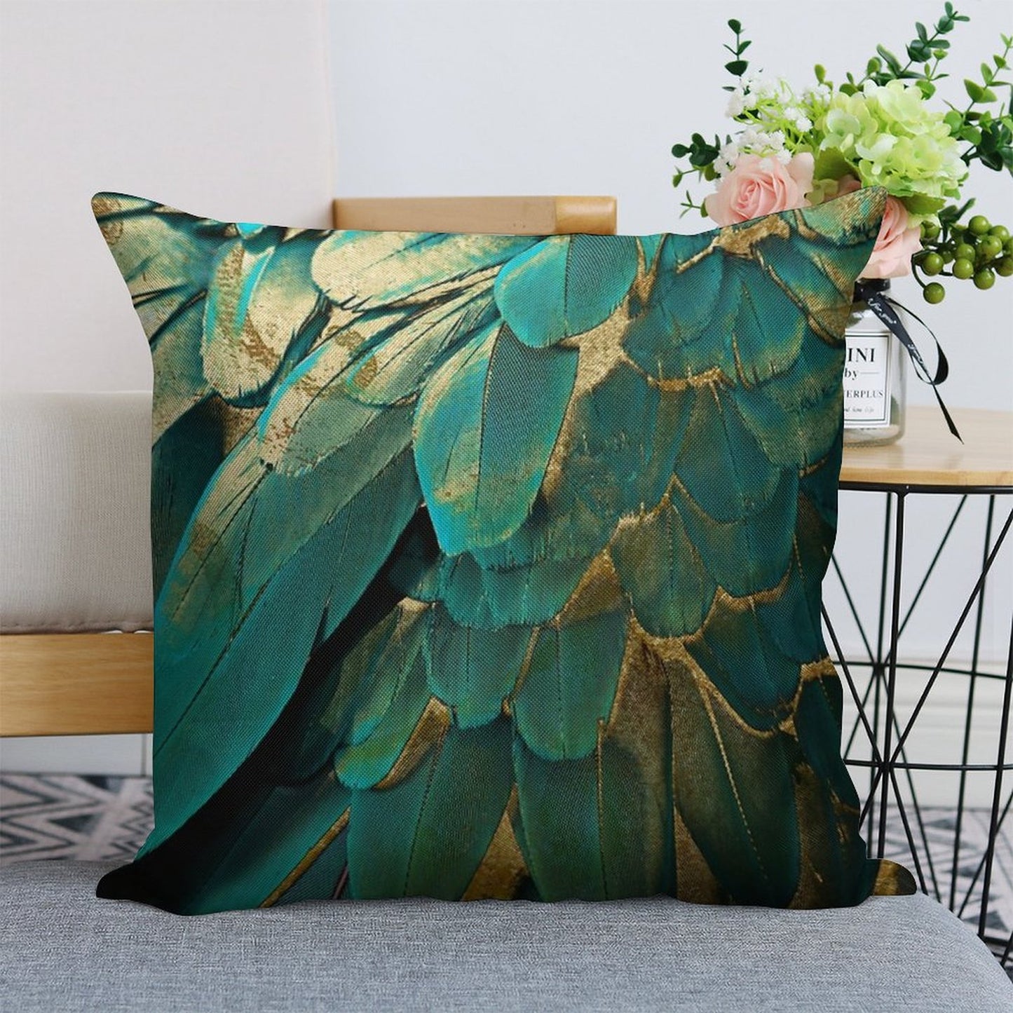 Feather Glitter Teal And Gold Linen Throw Pillow Cover