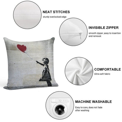 Banksy's Girl with A Red Balloon Soft Washable Throw Pillow