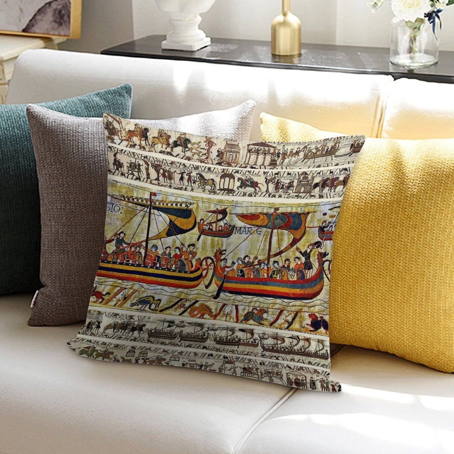 THE BAYEUX TAPESTRY ,VIKING SHIPS Soft Multiple Sizes Throw Pillow