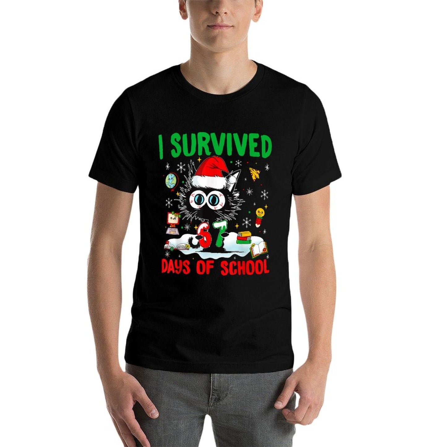 Funny Black Cat Christmas I Survived 67 Days of School  High-quality Stitching T-Shirt