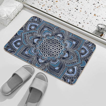 Flower of Life in Lotus Mandala - Blue Crystal And Silver Bath Mat