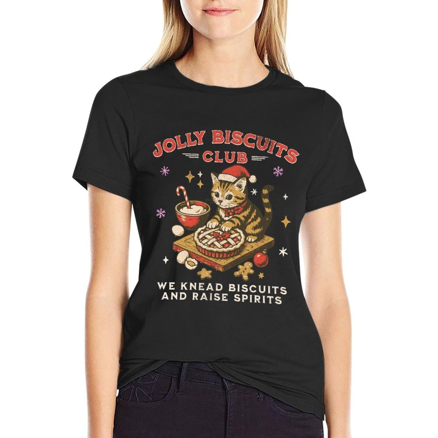 Jolly Biscuits Club  Vintage Christmas Cat Baker Design  Summer-ready Fabric T-Shirt