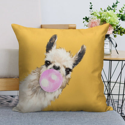 Bubble Gum Sneaky Llama in Mustard Yellow Linen Throw Pillow Cover