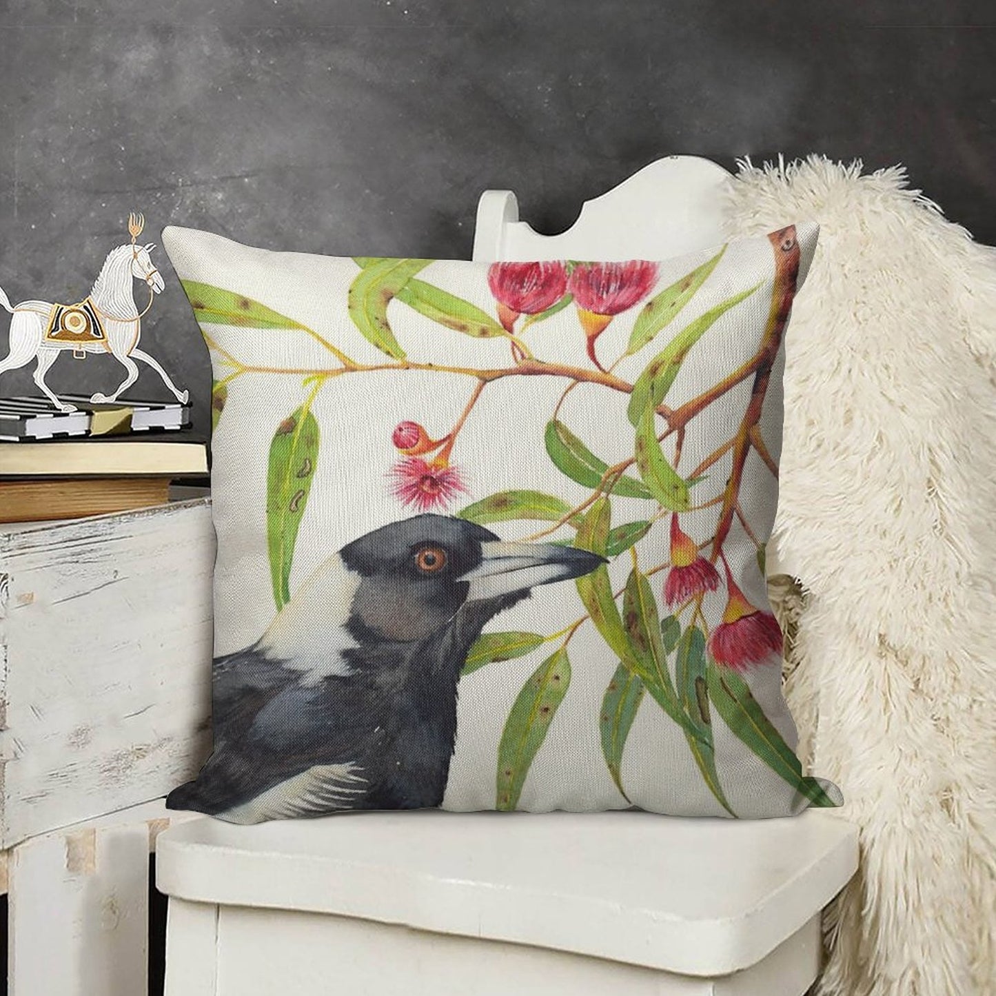Australian Magpie And Eucalyptus Blossoms Watercolour Painting Linen Throw Pillow Cover