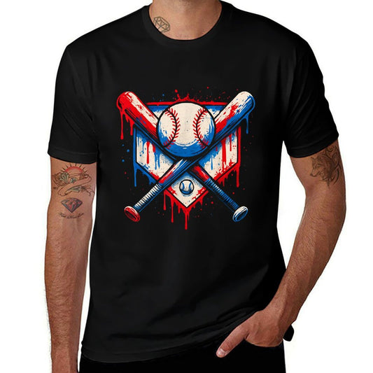 American Baseball Drip for Boys Graffiti Ball And Bat Youth  Durable T-Shirt