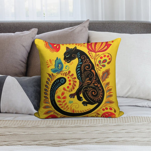 Panther & Butterfly Folk Art Soft Anti-Pilling Throw Pillow