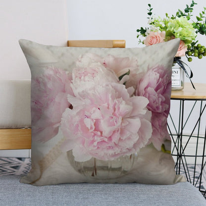 Pink Peonies Linen Throw Pillow Cover